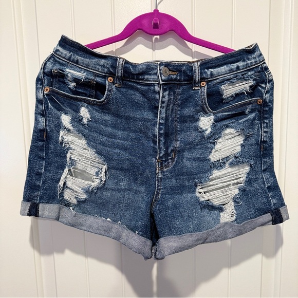 American Eagle Outfitters Dark Blue Distressed Jean Shorts Stretch - Picture 1 of 5